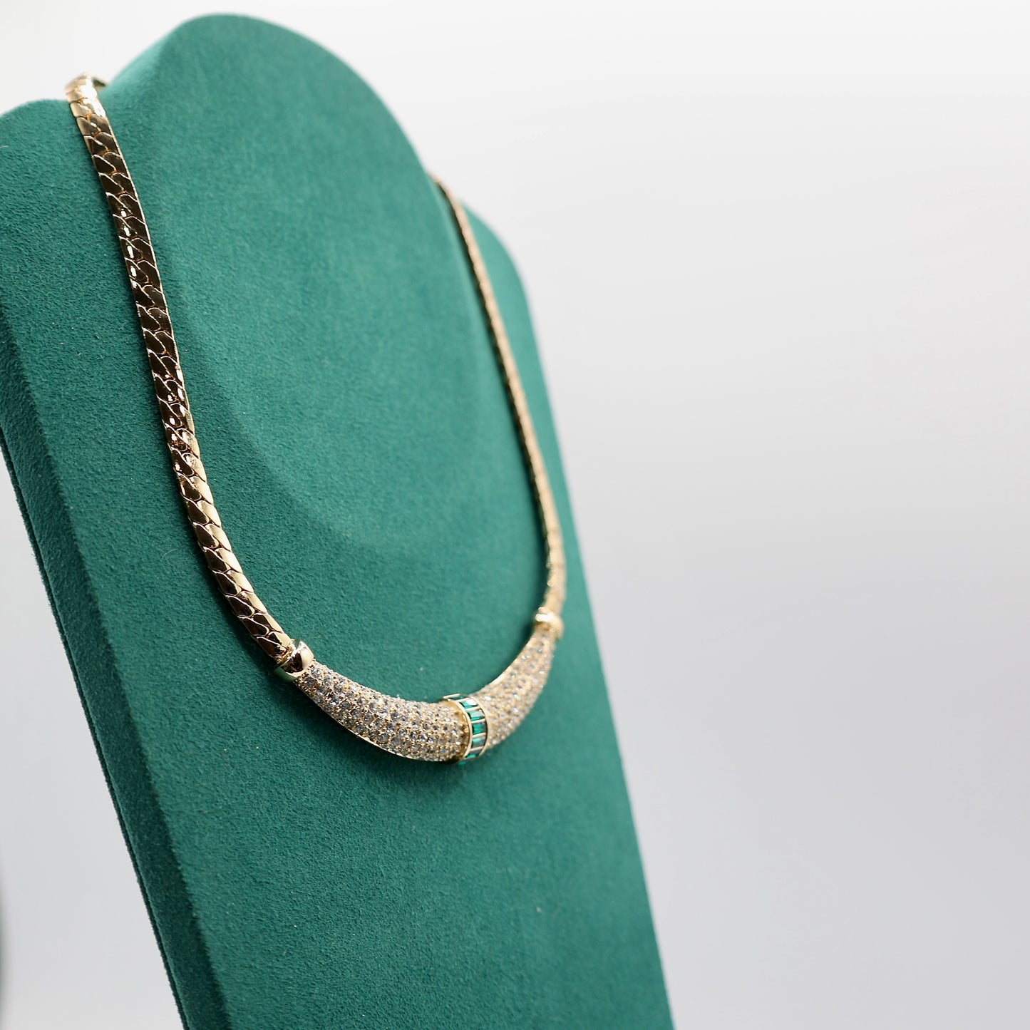 Gold Plated Christian Dior Emerald Green Baguette and Crystal Pave Choker Necklace - 7 Inches