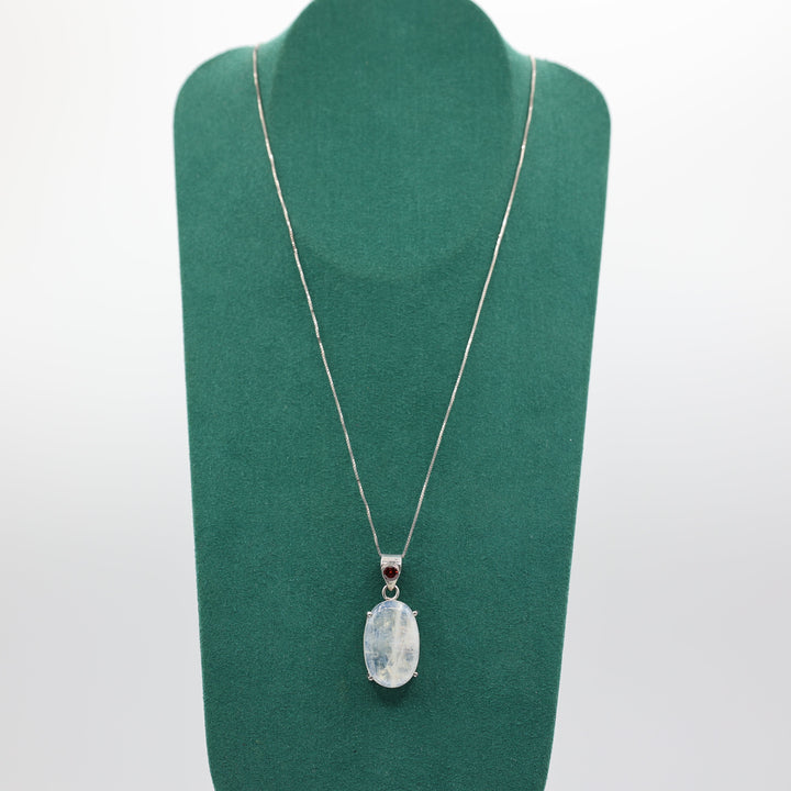 925 Sterling Silver Moonstone and Garnet Accent Necklace 23x15mm