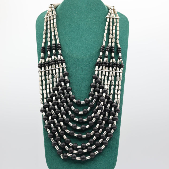 Silver Tone Four Strand and Black Beaded Necklace