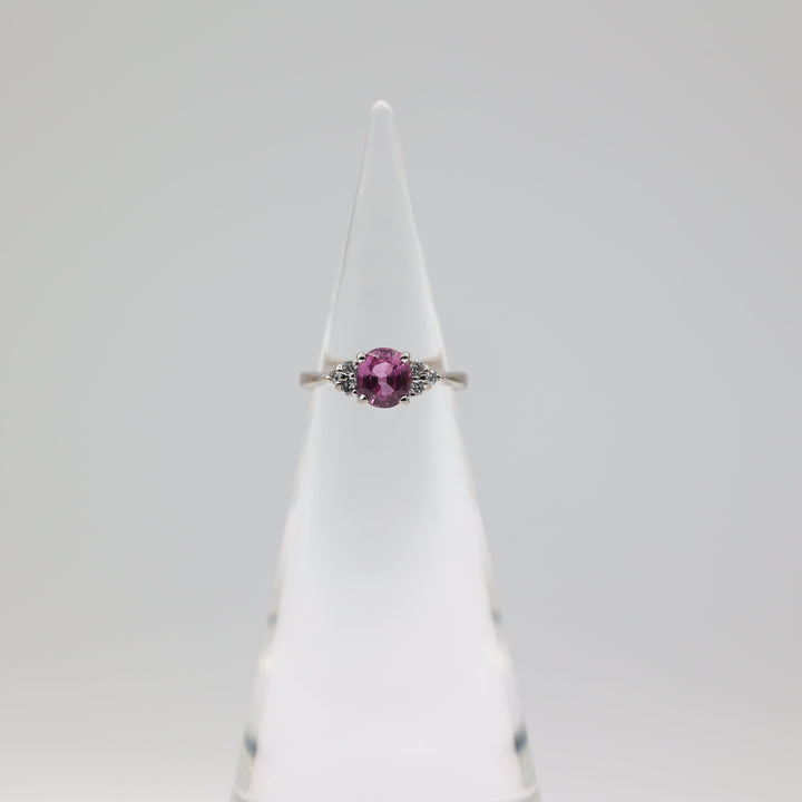 14k White Gold Pink Sapphire Ring 7mm Center Stone With 6 Accent 2mm Diamonds