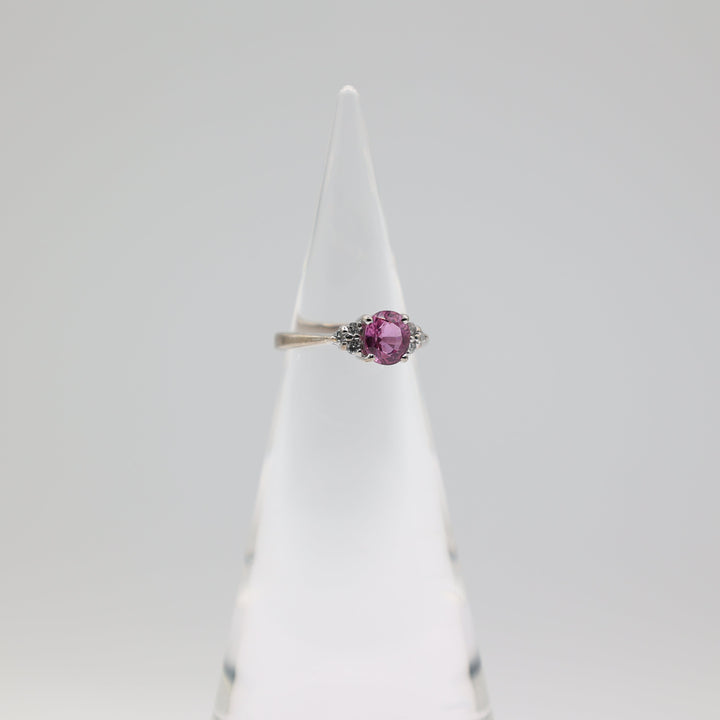 14k White Gold Pink Sapphire Ring 7mm Center Stone With 6 Accent 2mm Diamonds
