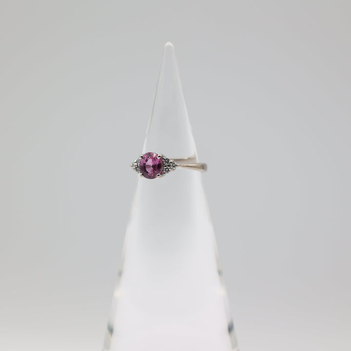 14k White Gold Pink Sapphire Ring 7mm Center Stone With 6 Accent 2mm Diamonds