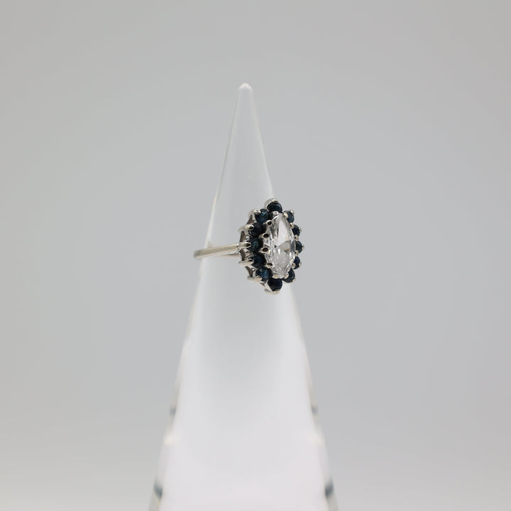 14K White Gold Blue Sapphire and CZ Marquise Stone Ring Size 5.75