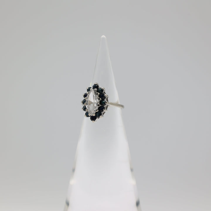 14K White Gold Blue Sapphire and CZ Marquise Stone Ring Size 5.75