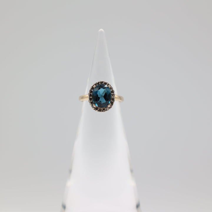 14K Yellow Gold Blue Topaz Halo Ring With White Diamonds 1mm Size 5.5