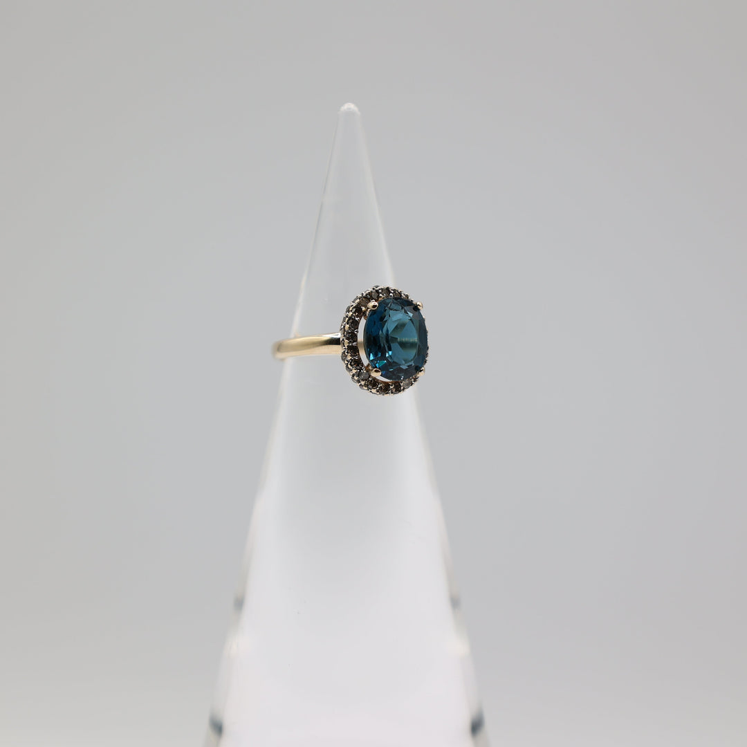 14K Yellow Gold Blue Topaz Halo Ring With White Diamonds 1mm Size 5.5