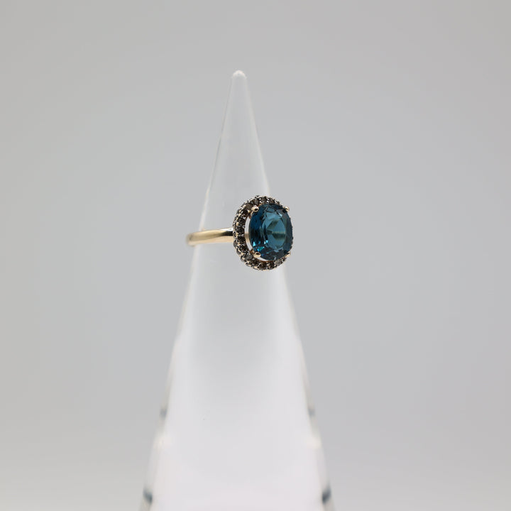 14K Yellow Gold Blue Topaz Halo Ring With White Diamonds 1mm Size 5.5