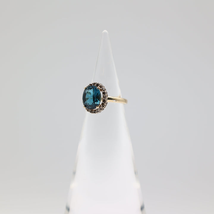 14K Yellow Gold Blue Topaz Halo Ring With White Diamonds 1mm Size 5.5