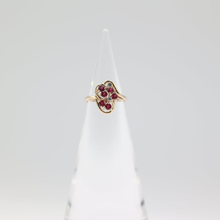 14K Yellow Gold Ruby And White Diamond Cluster Ring Size 5.75