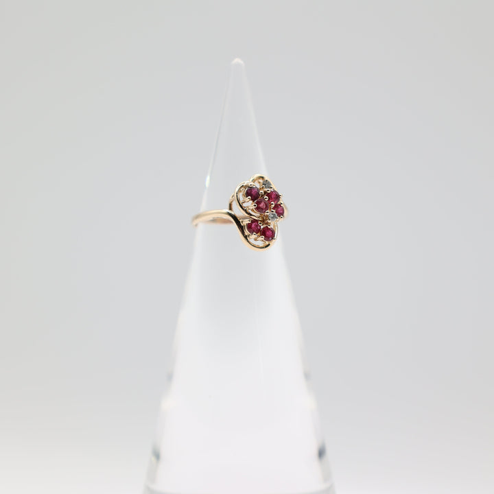 14K Yellow Gold Ruby And White Diamond Cluster Ring Size 5.75