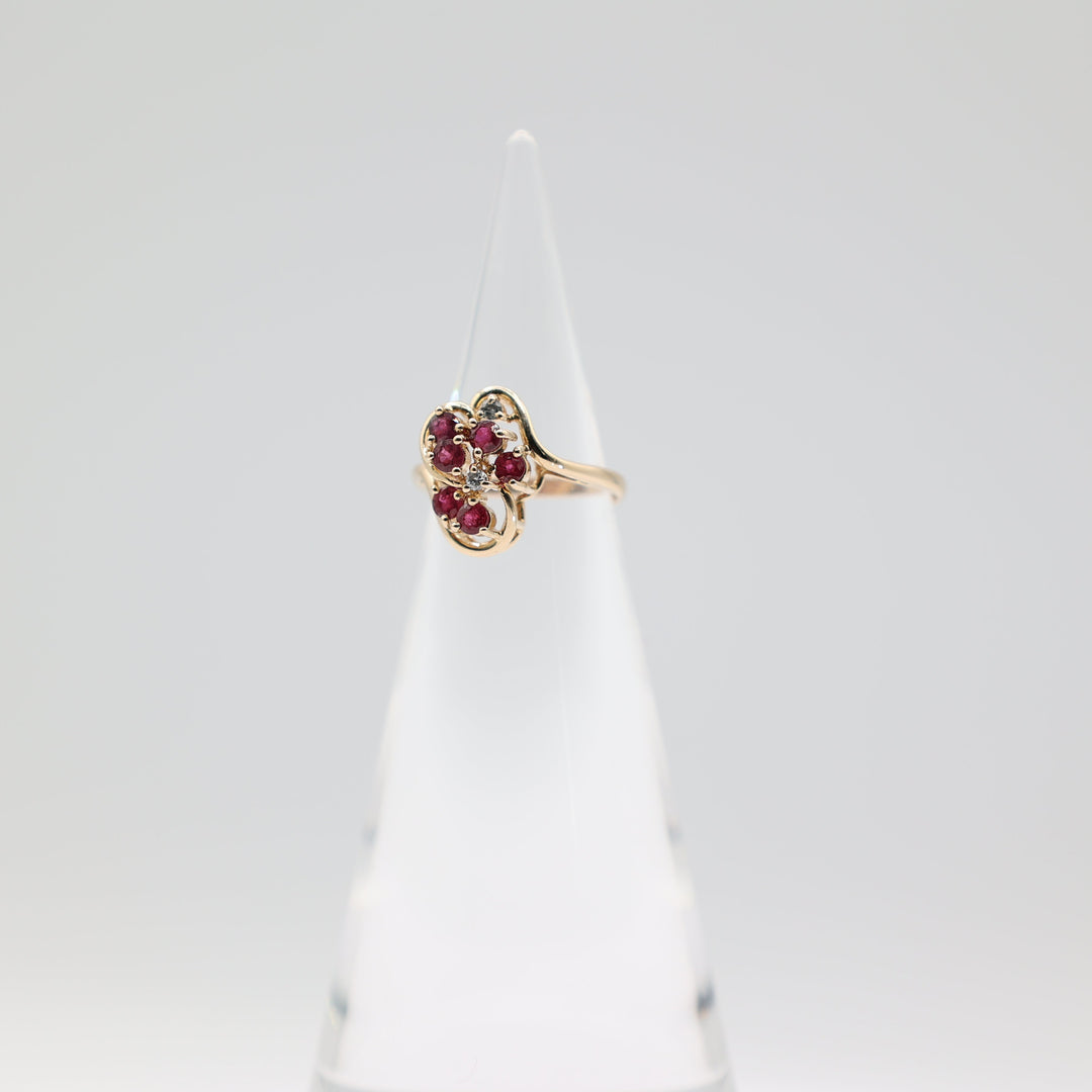 14K Yellow Gold Ruby And White Diamond Cluster Ring Size 5.75