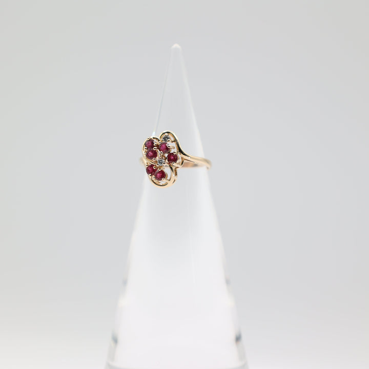 14K Yellow Gold Ruby And White Diamond Cluster Ring Size 5.75