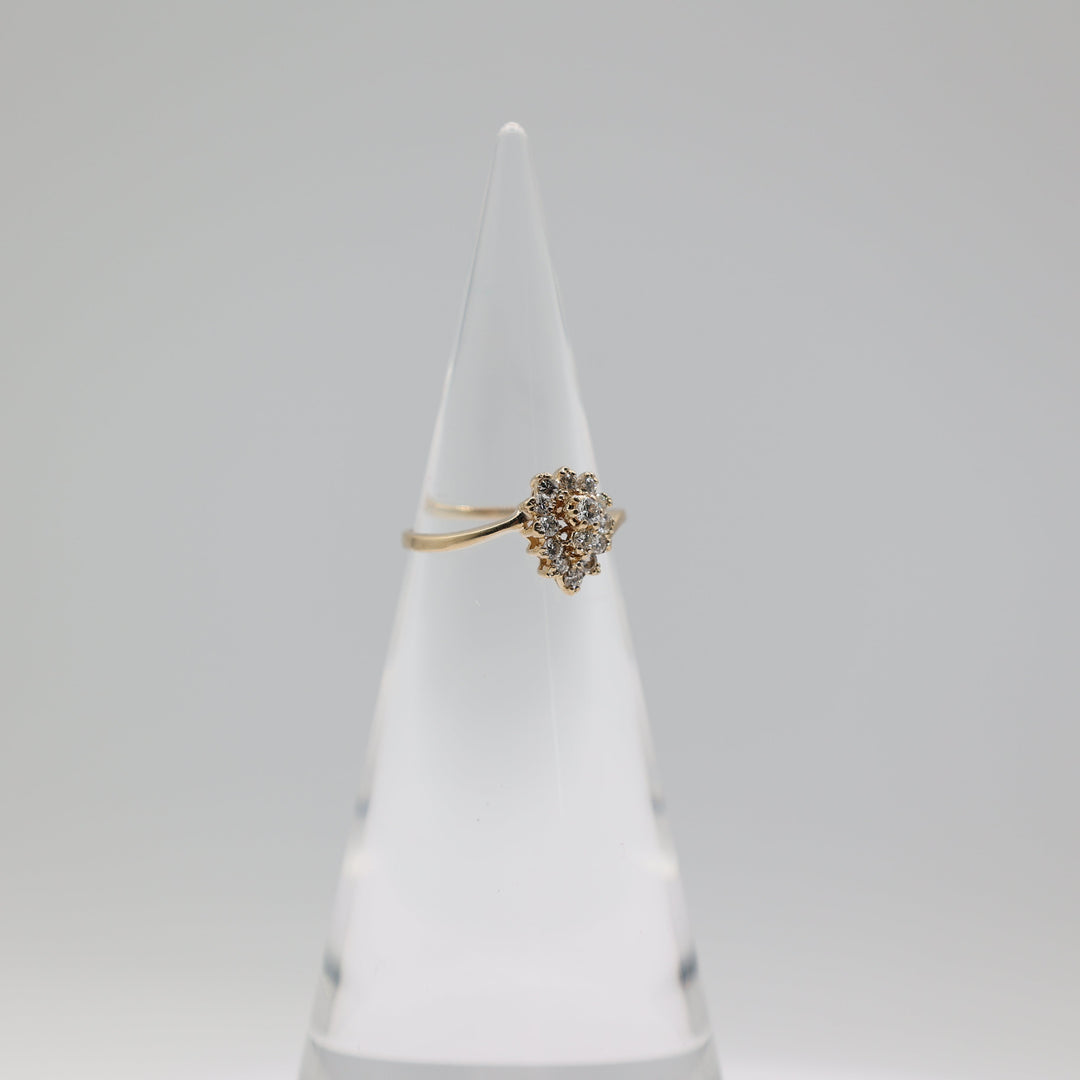 14K Yellow Gold Almond Cluster White Diamond Ring Size 8