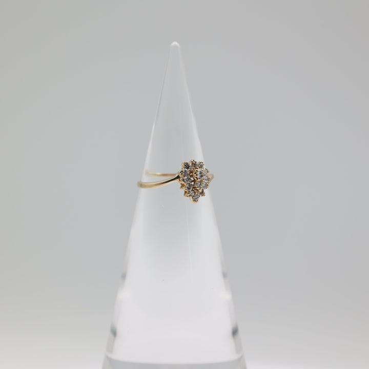 14K Yellow Gold Almond Cluster White Diamond Ring Size 8
