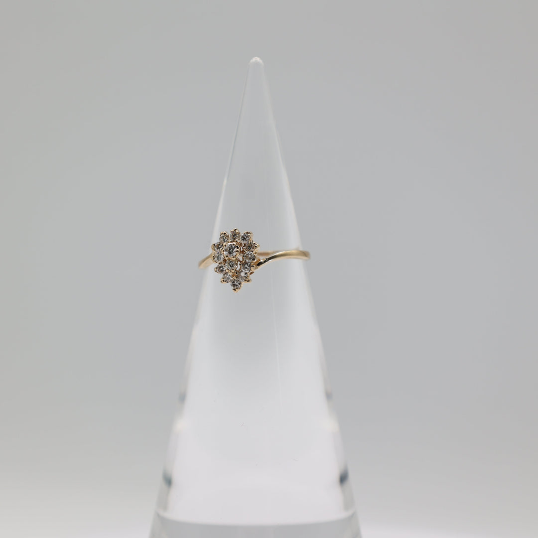 14K Yellow Gold Almond Cluster White Diamond Ring Size 8