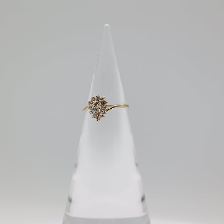 14K Yellow Gold Almond Cluster White Diamond Ring Size 8