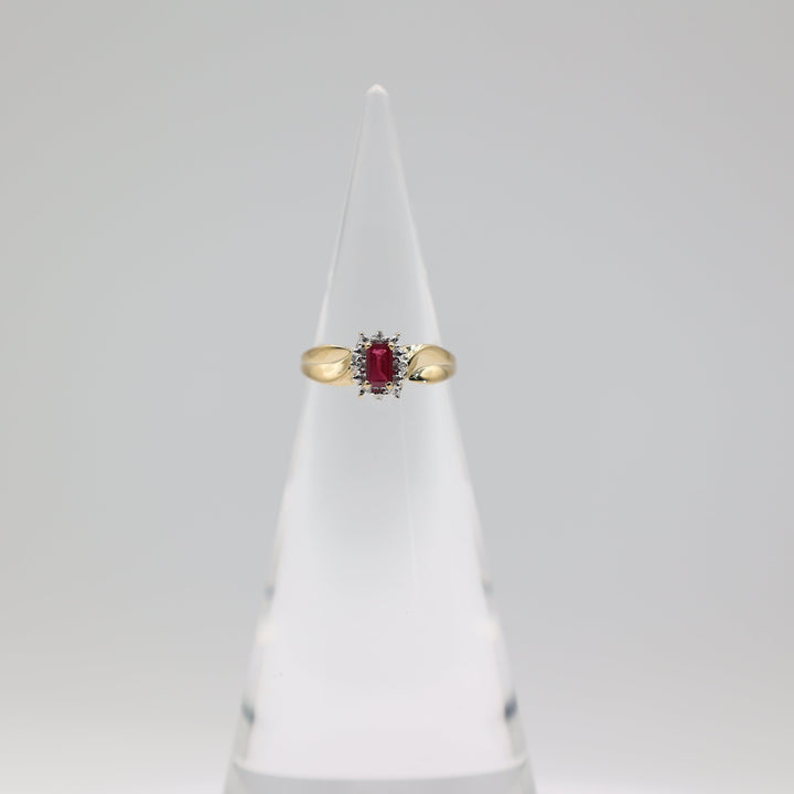 14K Yellow Gold Pink Sapphire 6x3mm Halo Ring With White Diamonds 2mm Size 6.75