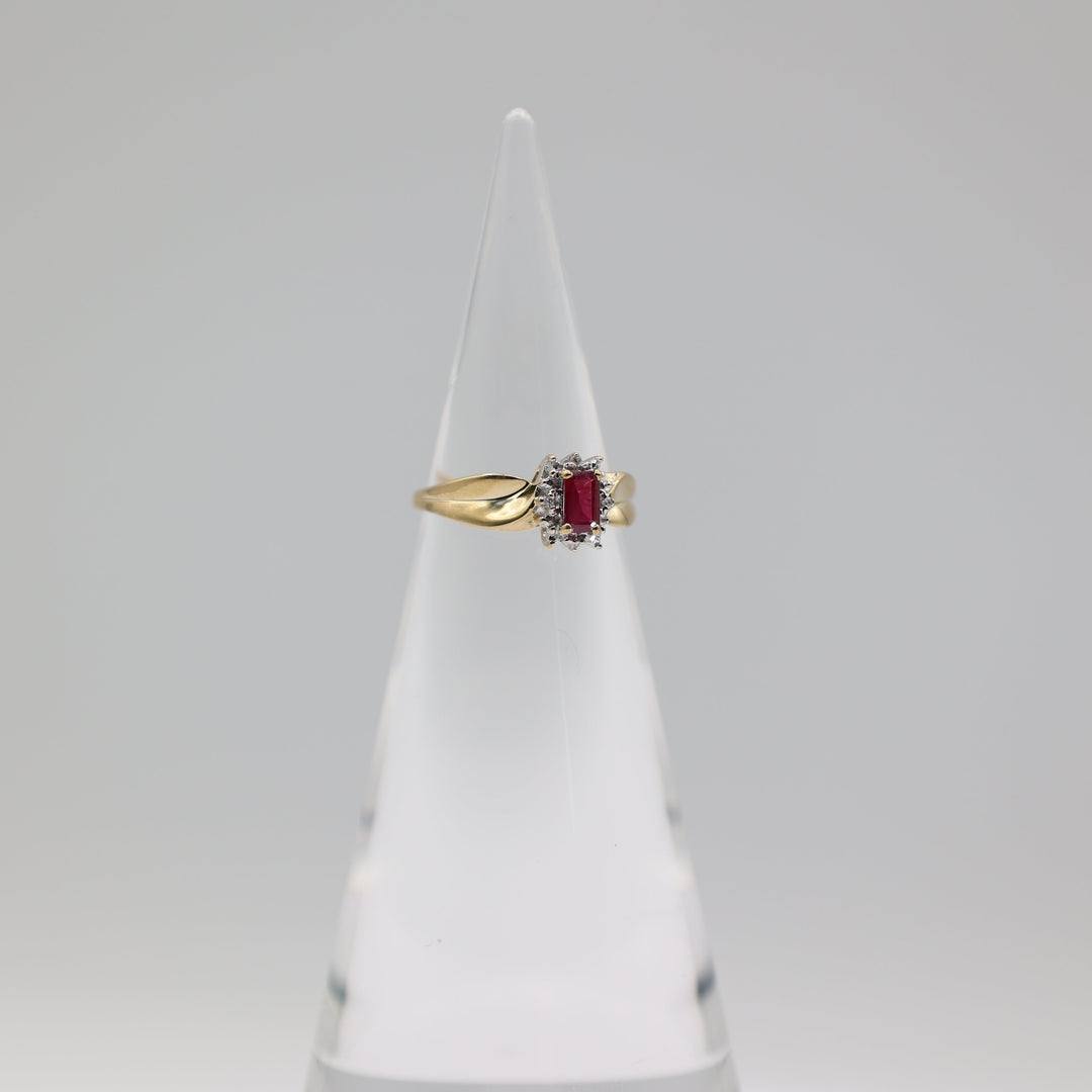 14K Yellow Gold Pink Sapphire 6x3mm Halo Ring With White Diamonds 2mm Size 6.75