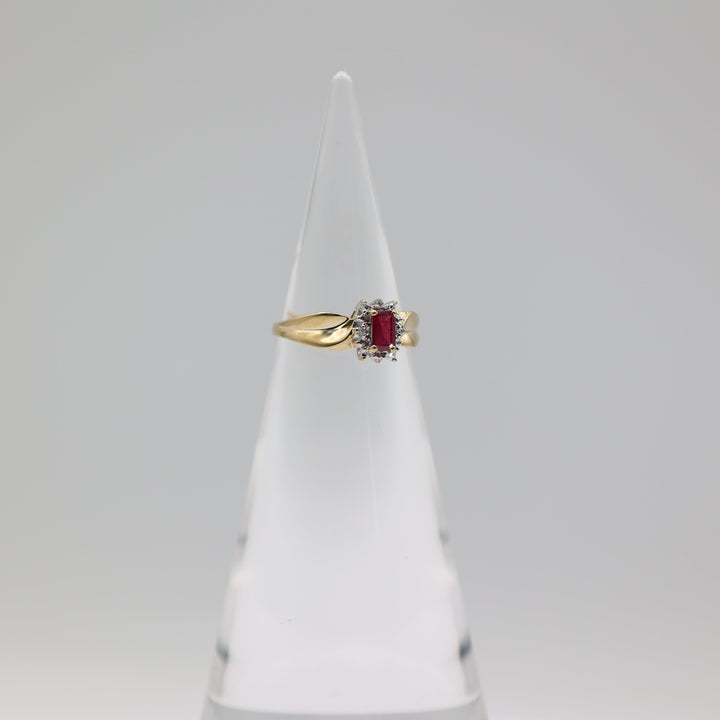 14K Yellow Gold Pink Sapphire 6x3mm Halo Ring With White Diamonds 2mm Size 6.75