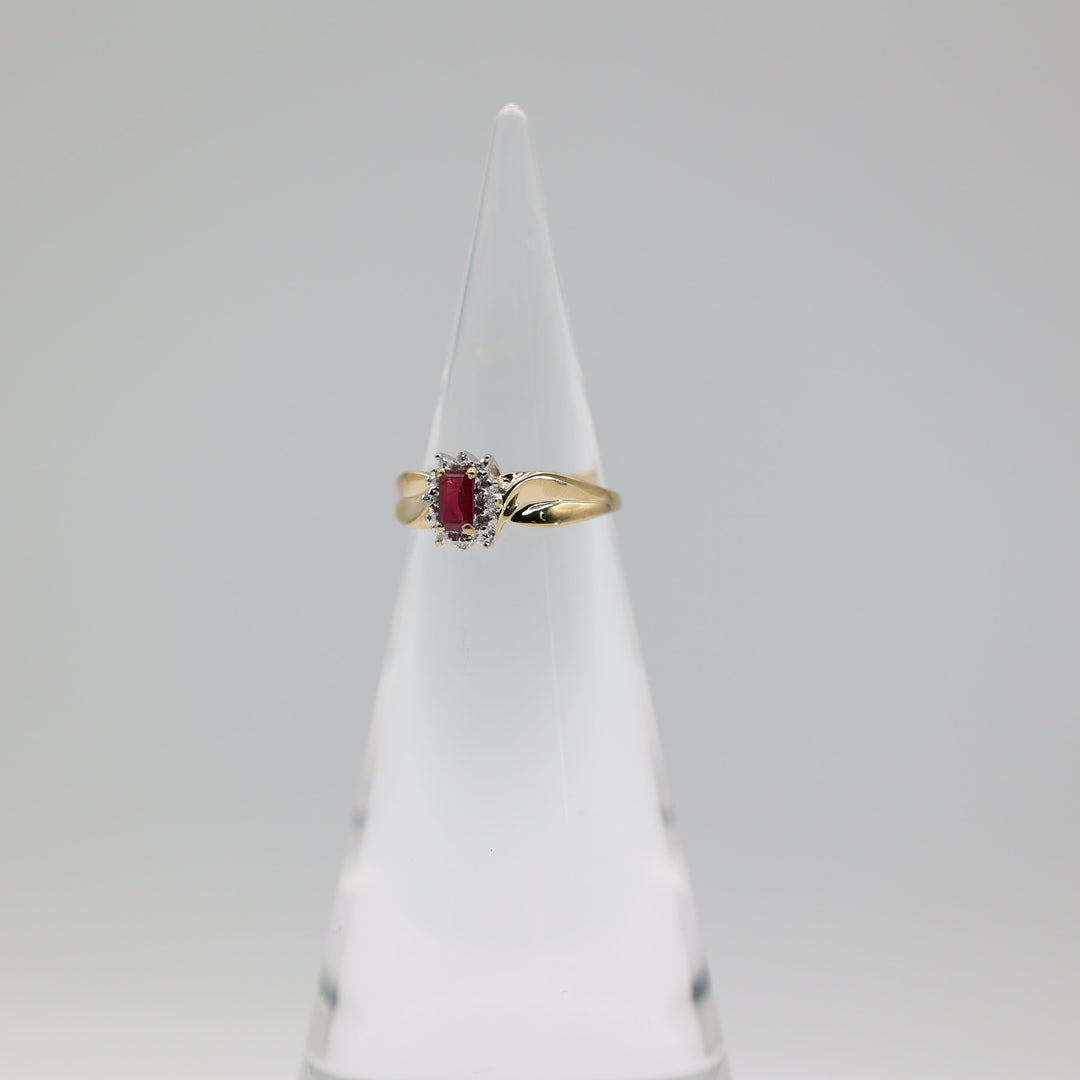 14K Yellow Gold Pink Sapphire 6x3mm Halo Ring With White Diamonds 2mm Size 6.75