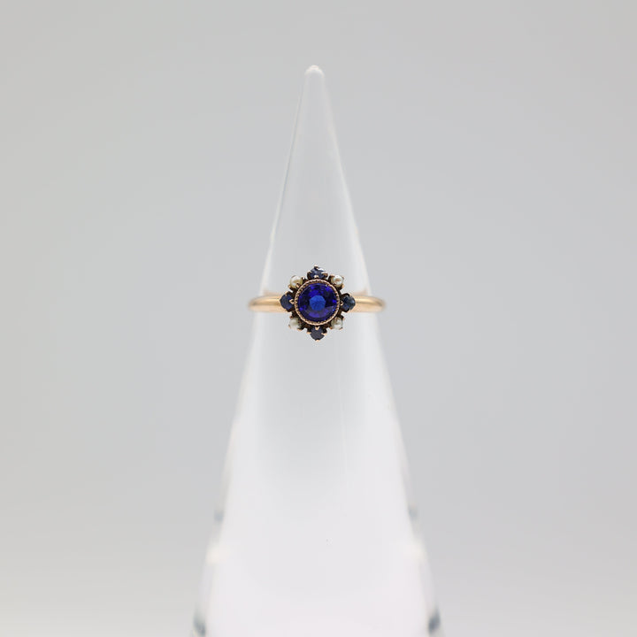 14K Yellow Gold Blue Sapphire and Pearl Ring Size 6