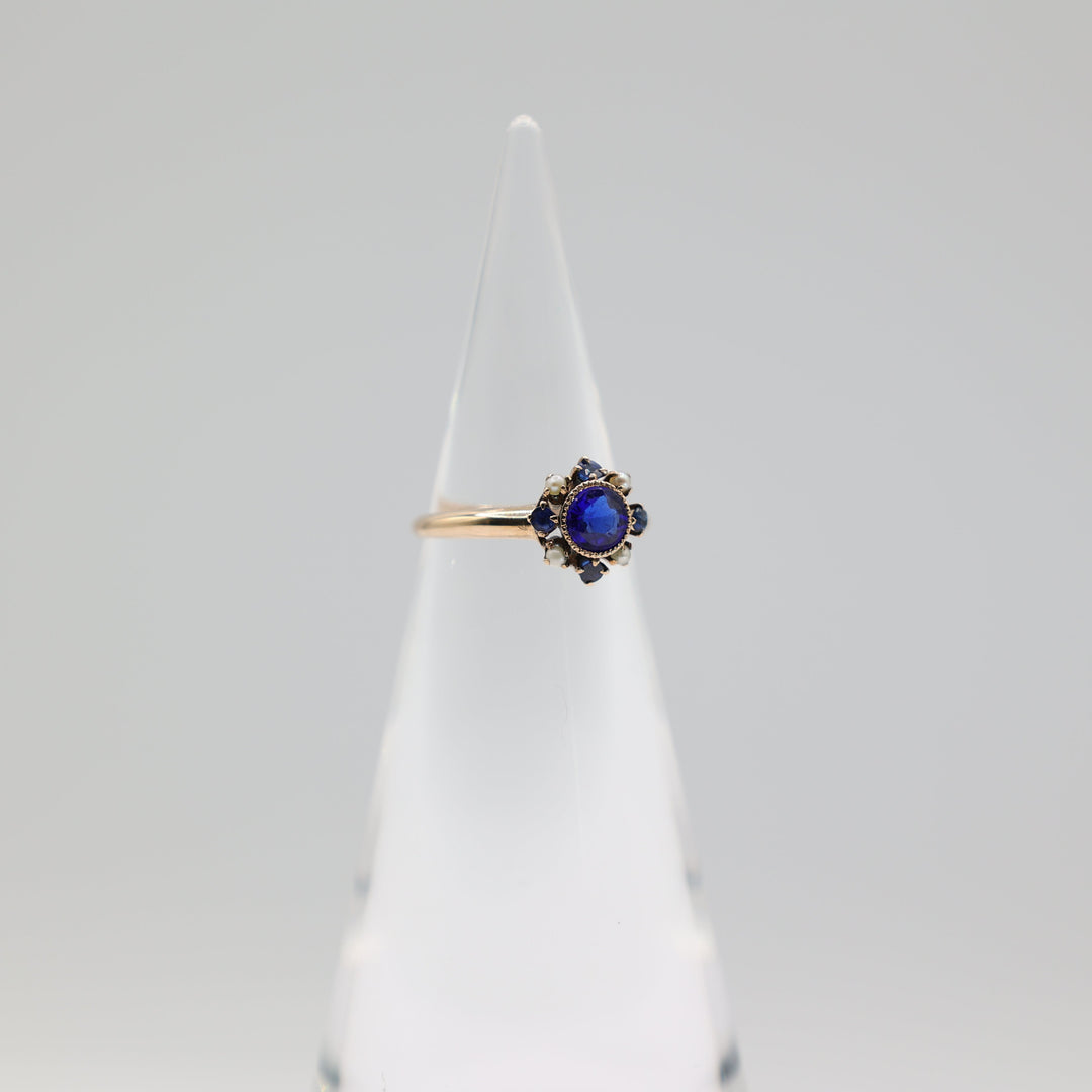 14K Yellow Gold Blue Sapphire and Pearl Ring Size 6