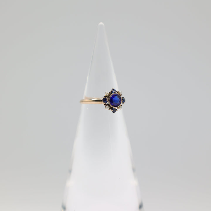 14K Yellow Gold Blue Sapphire and Pearl Ring Size 6