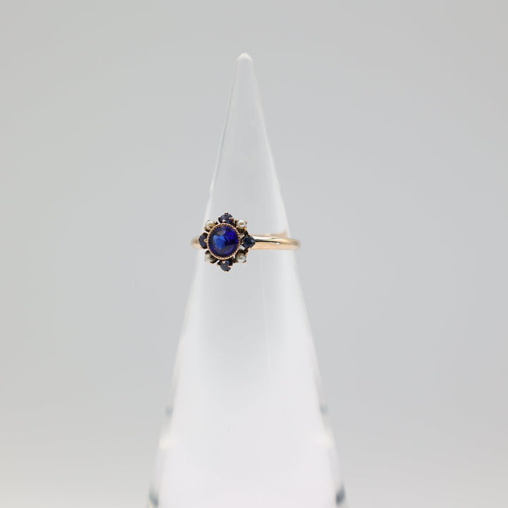 14K Yellow Gold Blue Sapphire and Pearl Ring Size 6
