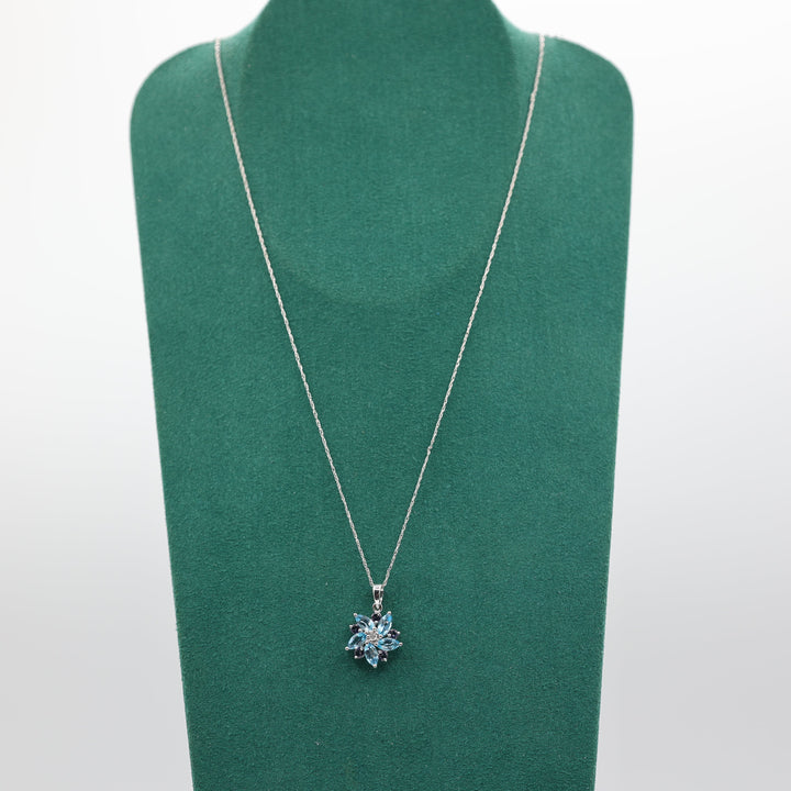 14K White Gold Blue Topaz Amethyst White Diamond Flower Pendant Necklace 18in