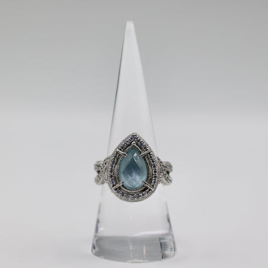 925 Sterling Silver Judith Ripka Teardrop Aquamarine and Cubic Zirconia Ring - Size 8