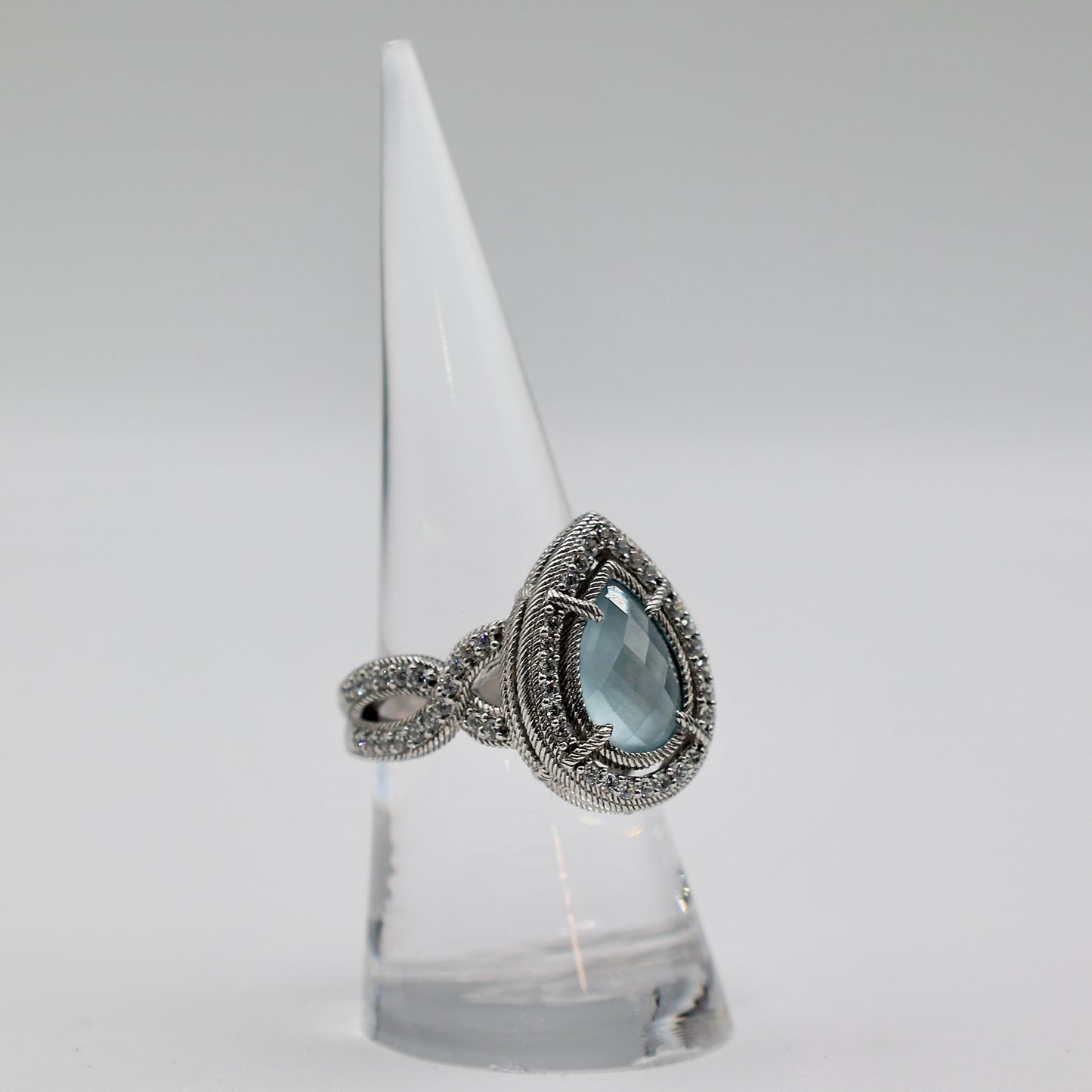 925 Sterling Silver Judith Ripka Teardrop Aquamarine and Cubic Zirconia Ring - Size 8