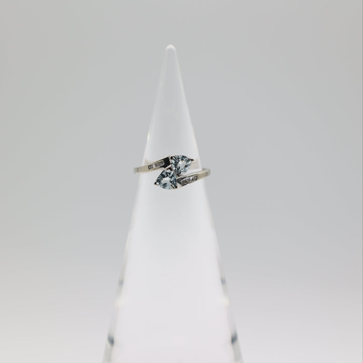 10k White Gold Ring With Two Aquamarine Stones And White Diamonds Size 6.75