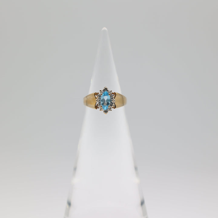10K Yellow Gold Vintage Marquise Blue Topaz and White Diamond Accent Ring