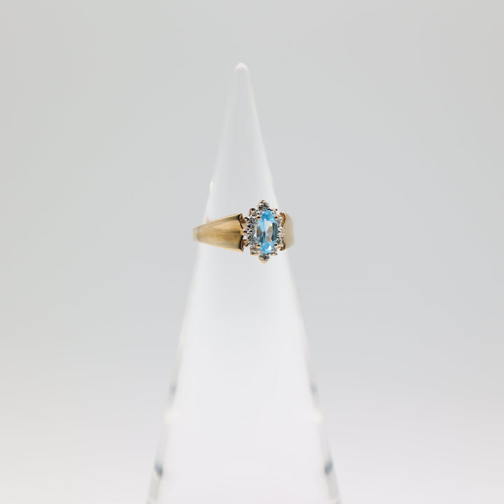 10K Yellow Gold Vintage Marquise Blue Topaz and White Diamond Accent Ring