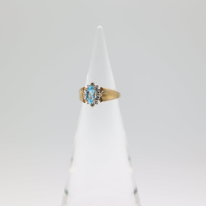 10K Yellow Gold Vintage Marquise Blue Topaz and White Diamond Accent Ring
