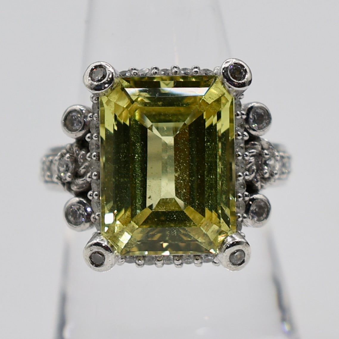 925 Sterling Silver Emerald Cut Judith Ripka Yellow Topaz and Cubic Zirconia Ring - Size 8.25