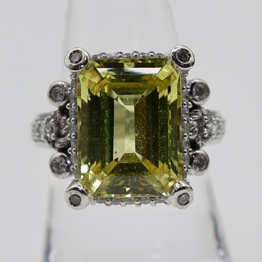 925 Sterling Silver Emerald Cut Judith Ripka Yellow Topaz and Cubic Zirconia Ring - Size 8.25