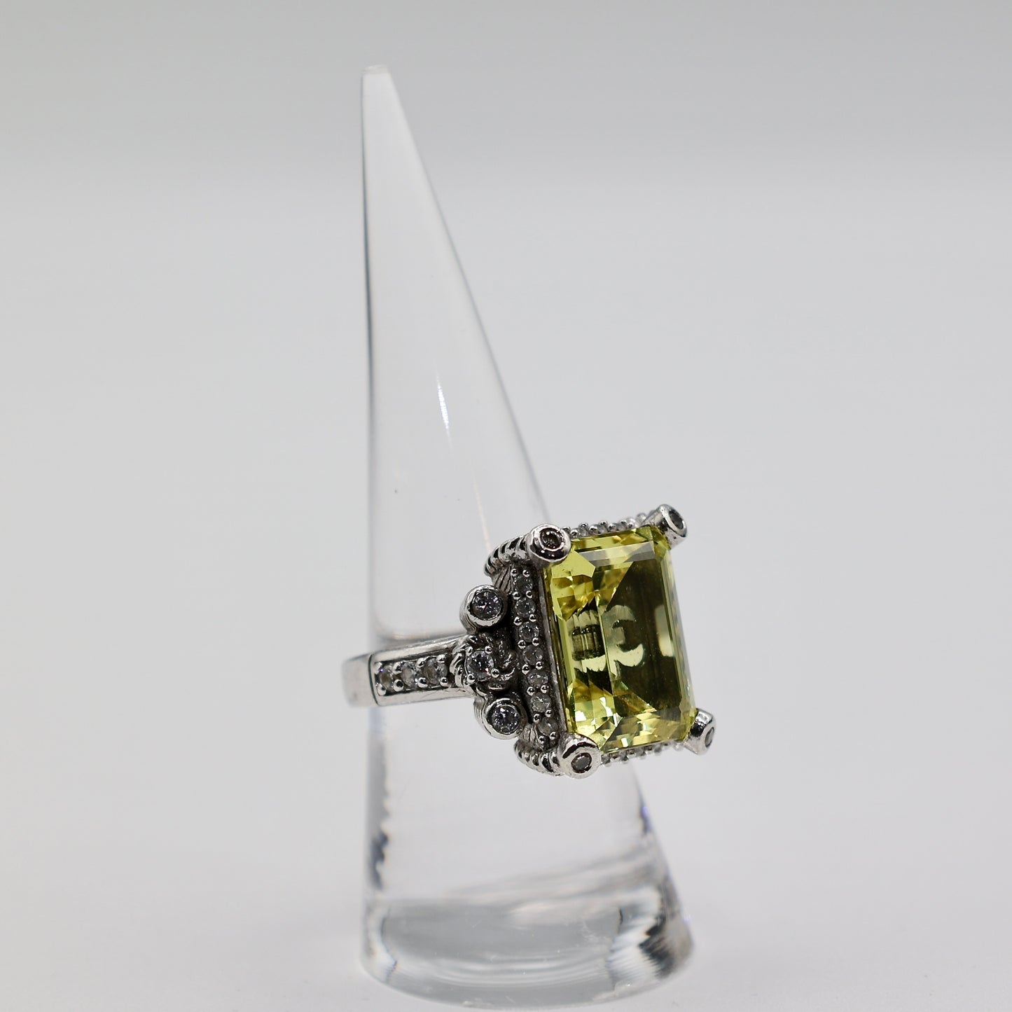 925 Sterling Silver Emerald Cut Judith Ripka Yellow Topaz and Cubic Zirconia Ring - Size 8.25