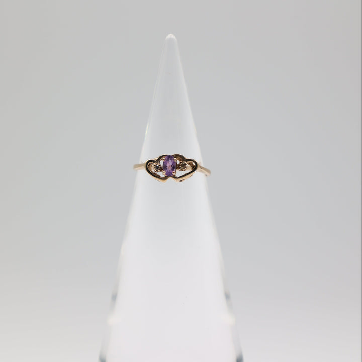 10k Yellow Gold Amethyst Ring With Two Hearts And Two White Diamonds Size 5.75