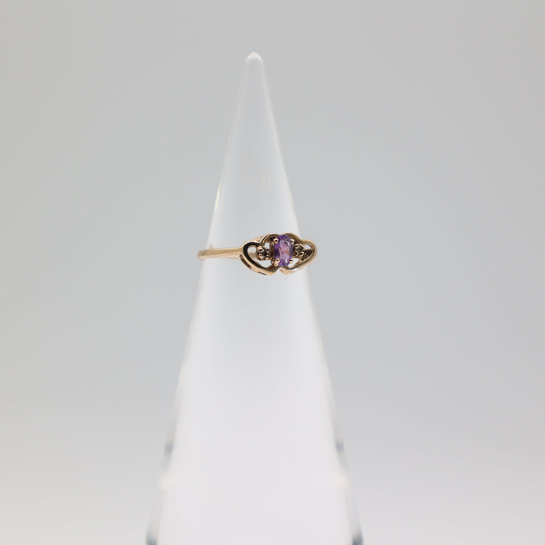 10k Yellow Gold Amethyst Ring With Two Hearts And Two White Diamonds Size 5.75