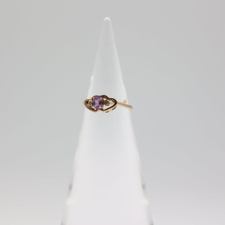 10k Yellow Gold Amethyst Ring With Two Hearts And Two White Diamonds Size 5.75