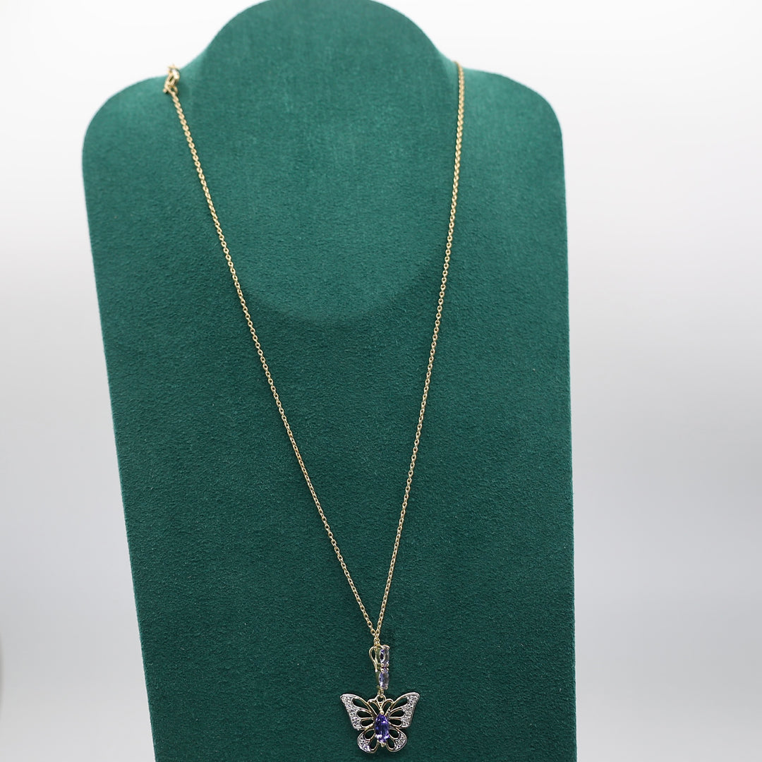 925 Sterling Silver and 14k Yellow Gold Tanzanite and Cubic Zirconia Butterfly Pendant and 14k Yellow Gold Chain Necklace - 19 inches