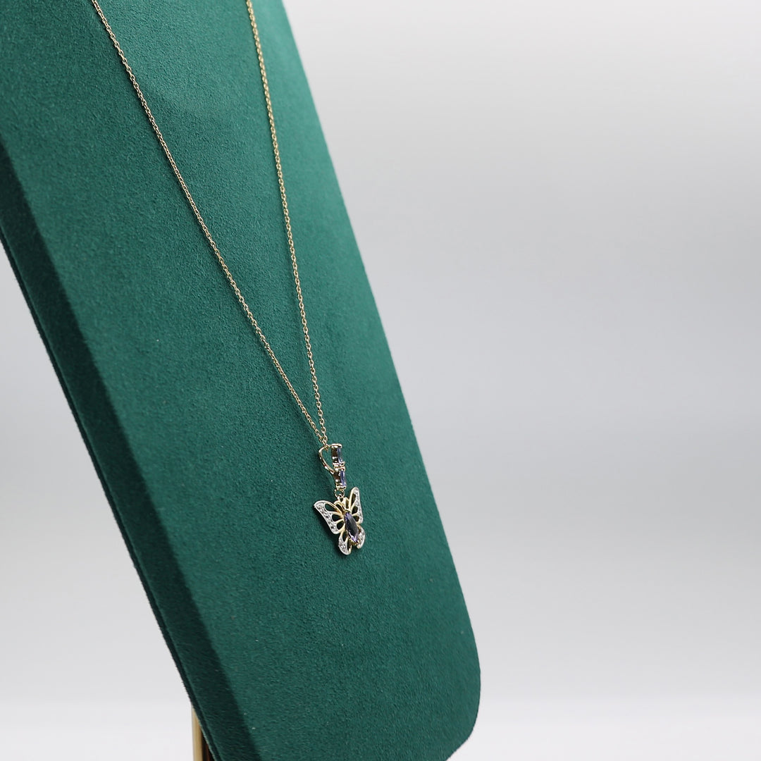 925 Sterling Silver and 14k Yellow Gold Tanzanite and Cubic Zirconia Butterfly Pendant and 14k Yellow Gold Chain Necklace - 19 inches