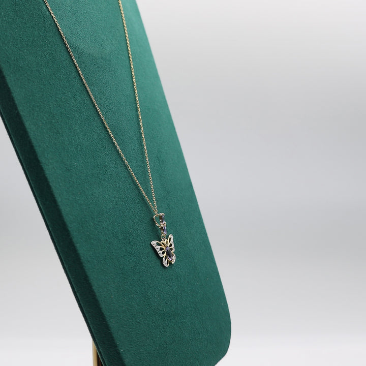925 Sterling Silver and 14k Yellow Gold Tanzanite and Cubic Zirconia Butterfly Pendant and 14k Yellow Gold Chain Necklace - 19 inches