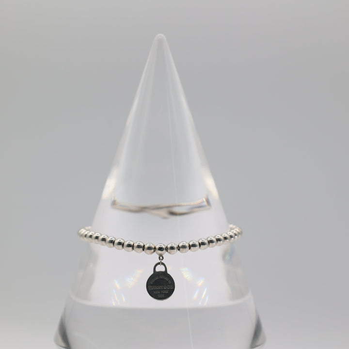 Tiffany And Co 925 Sterling Silver Beaded 4mm Mini Round Tag 7 Inch Bracelet