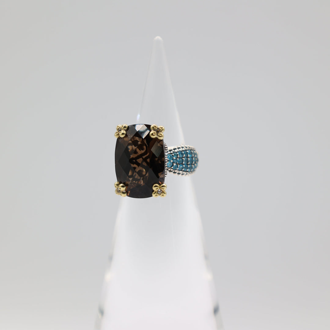 Barbara Bixby 925 Sterling Silver 18K Gold Smoky Quartz Ring 20x14mm 7.75