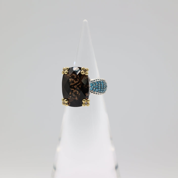 Barbara Bixby 925 Sterling Silver 18K Gold Smoky Quartz Ring 20x14mm 7.75