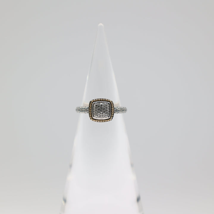 Effy 925 Sterling Silver And 18K Gold Accented Diamond Pave Square Ring Size 8.5