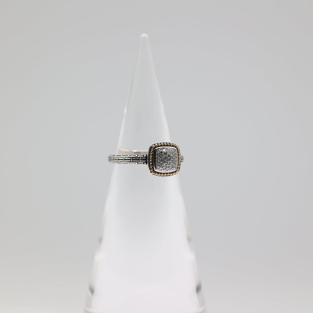 Effy 925 Sterling Silver And 18K Gold Accented Diamond Pave Square Ring Size 8.5
