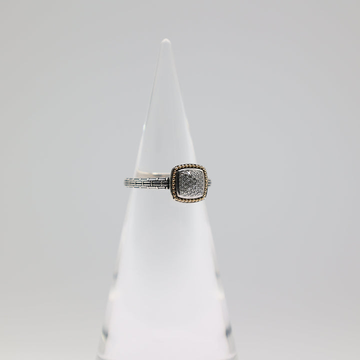 Effy 925 Sterling Silver And 18K Gold Accented Diamond Pave Square Ring Size 8.5